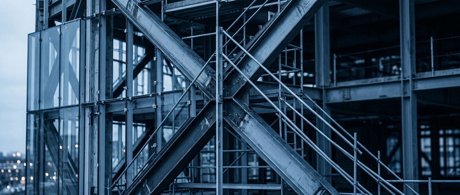 Steel cross-bracing of a commercial building under construction